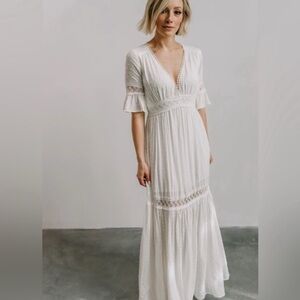 Baltic Born Rayne Deep V Swiss Dot Ivory Maxi Dress Wedding Anniversary Size M